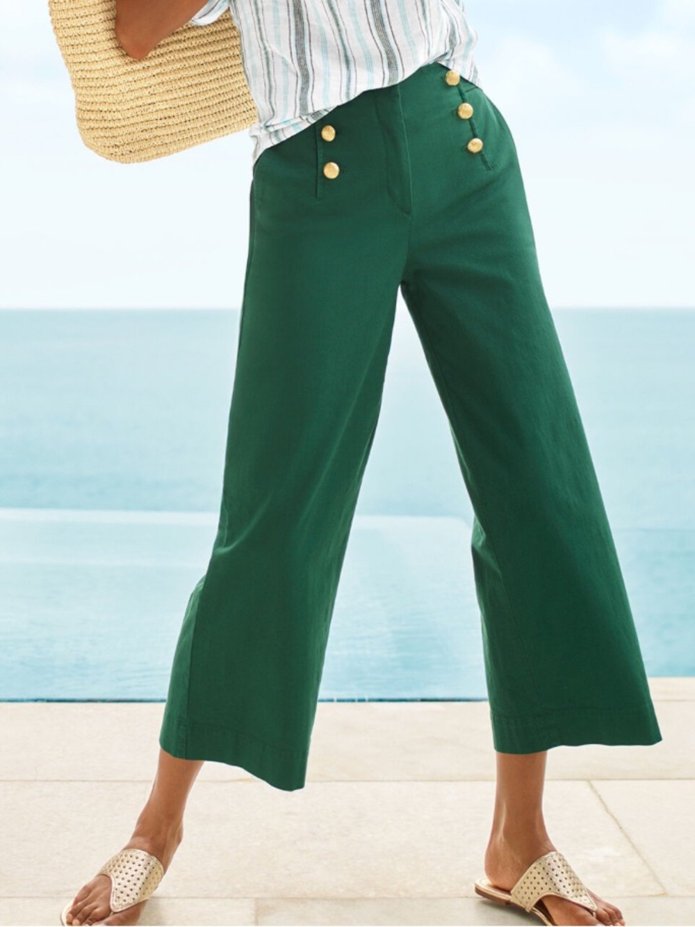 Talbots Green Sailor Crop Pants Wide Leg Cotton Slub Sz 8P Coastal Chic